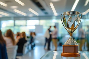 A shining trophy displayed prominently in a bustling office environment - obrazy, fototapety, plakaty
