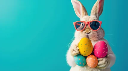 Fotobehang An easter bunny rabbit wearing sunnies, shades, sunglasses holding colourful easter eggs against a turquoise isolated background with room for text. © ARA