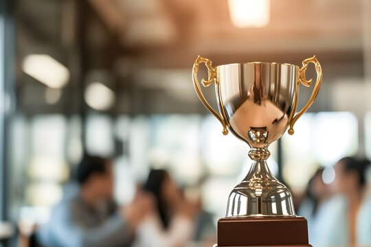 A shining trophy displayed prominently in a bustling office environment