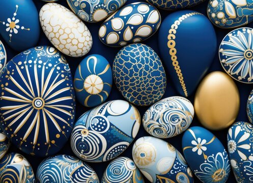 Easter eggs with blue and white designs on a dark background. Generative AI.