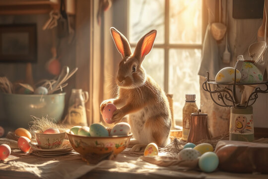 A realistic photo of an English Easter bunny rabbit holding colourful easter eggs in a country style cottage with dappled sunlight. 