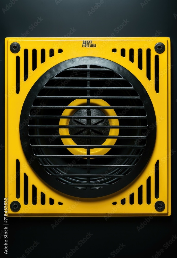 Sticker A yellow speaker with black grill on a black background. Generative AI.