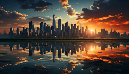 Vibrant city skyline reflects in water at sunset generated by AI