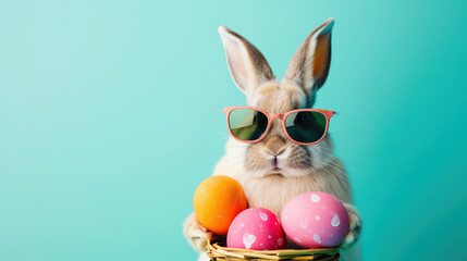 An easter bunny rabbit wearing sunglasses, sunnies, shades, holding colourful easter eggs against a colourful isolated background with room for text.