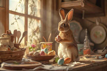 An English Easter bunny rabbit holding colourful easter eggs in a country style cottage with...
