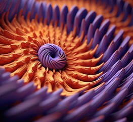 A close up of a spiral pattern in purple and orange. Generative AI.