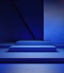 A blue room with steps and a wall. Generative AI.