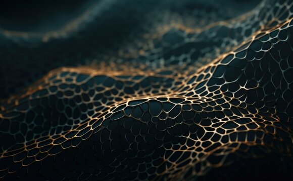 Abstract 3d mesh with gold lines. Generative AI.