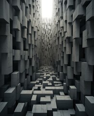 A dark tunnel with many blocks in it. Generative AI.