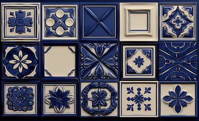 A blue and white tile wall with decorative designs. Generative AI.