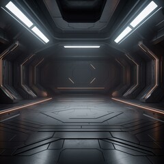 Futuristic spaceship interior with glowing lights. Generative AI.