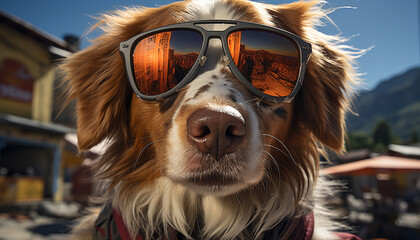 Cute puppy wearing sunglasses, looking at camera, enjoying outdoors generated by AI
