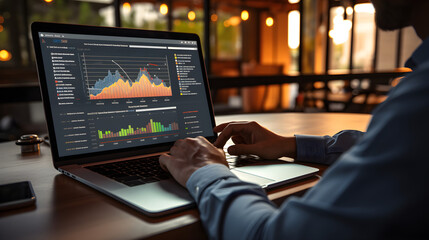 Analyst uses a laptop Showing business analytics dashboard with charts, metrics, and KPI to analyze performance and create insight reports for operations management. Data analysis. sales, marketing - obrazy, fototapety, plakaty