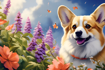 Cute Royal Corgi: Illustrated Portrait Shining in Gorgeous Flowers generative ai