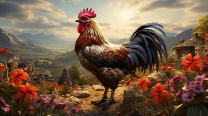 A rooster in the countryside - obrazy, fototapety, plakaty