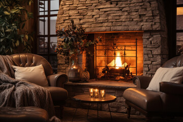 The warm glow of a fireplace in a cozy hotel lounge, providing a comfortable space for guests to unwind. Concept of inviting communal areas. Generative Ai.