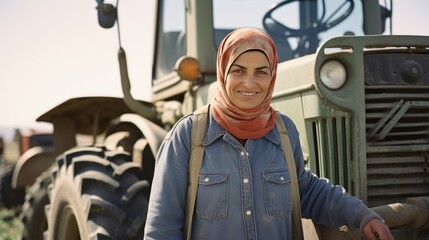Fototapeta na wymiar Muslim middle age female farmer standing next to the tractor
