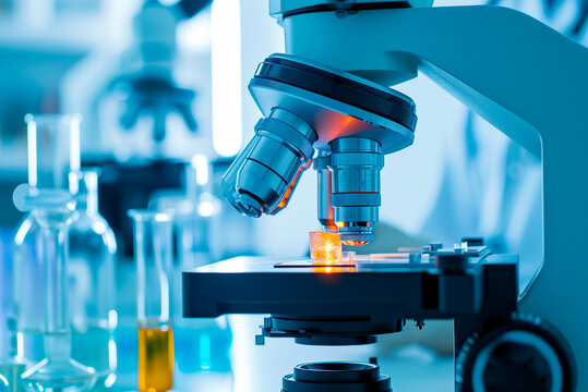 laboratory medical equipment with medical sight. Optical light microscope in a laboratory on a table with test tubes and flasks