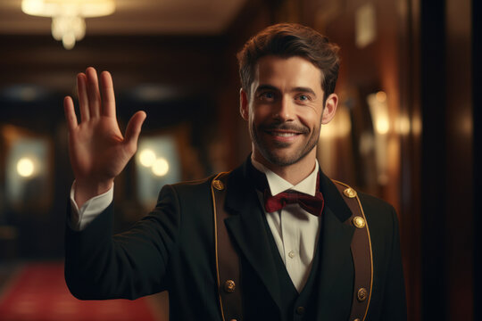 A bellman offering a warm welcome and escorting guests to their rooms with a genuine hospitality touch. Concept of personalized arrival experiences. Generative Ai.