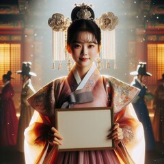 Young Asian girl with Korean traditional clothing hanboks dress holding blank sign with Generative AI.