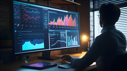 Analyst uses a computer displaying a business analysis dashboard with charts, metrics and KPIs to analyze performance and create information reports for operations management.Data analysis.sales, mark
