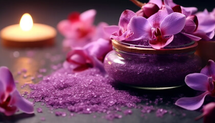 Obraz na płótnie Canvas Purple orchid, candle, beauty treatment, spa relaxation, nature freshness, pampering generated by AI