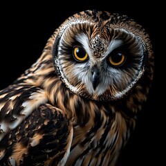  Portrait macro angry Short-eared Owl isolated on black AI Generative