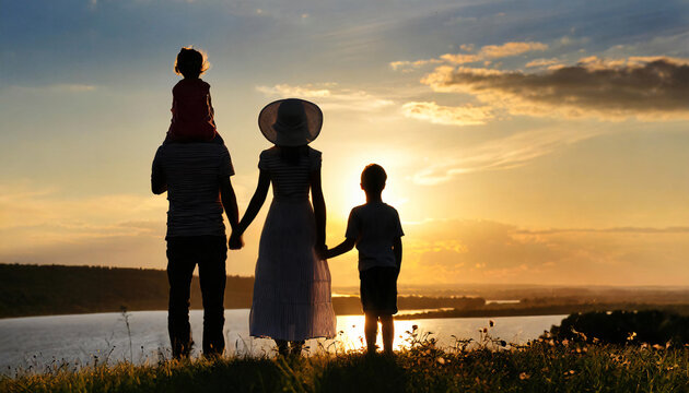 Happy family, couple and children watching the sunset together 