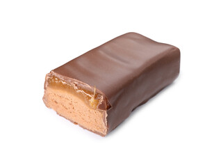 Piece of tasty chocolate bar with nougat isolated on white