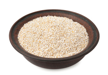 Raw barley groats in bowl isolated on white