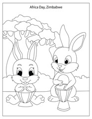 Africa Day Holiday Celebration in Zimbabwe with cute rabbits coloring page for kids
