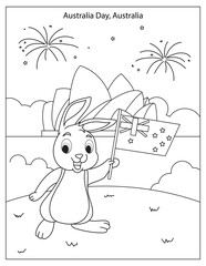 Australia Day Celebration in Australia with cute rabbit coloring page for kids