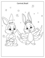Brazil carnival with two cute rabbits coloring pages, Holiday Celebration with cute rabbits coloring page for kids
