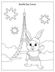 Bastille Day Celebration in France with cute rabbit coloring page for kids