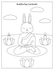 Buddha Day Holiday Celebration in Cambodia with cute rabbit coloring page for kids