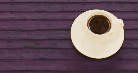 Purple wooden table with a cup with coffee drink on a plate, food and rest theme, 3d rendering