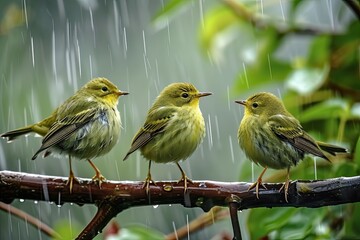 three Green Warbler sitting in the rain tree AI Generative - obrazy, fototapety, plakaty