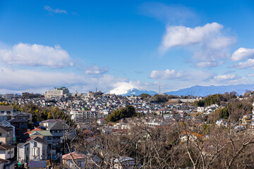 弘明寺公園の展望台から望む横浜市街地と富士山