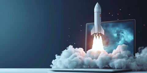 Rocket coming out of a laptop screen against blue background 3D rendering