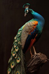 Obraz premium Vietnamese Peacock open the tail standing on small root isolated on black AI Generative