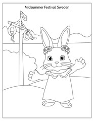 Midsummer Festival Celebration in Sweden with cute rabbit coloring page for kids