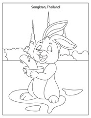 Songkran Holiday Celebration in Thailand with cute rabbit coloring page for kids