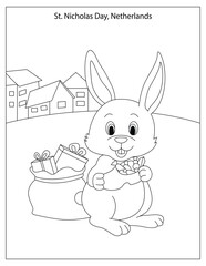 Saint Nicholas Day Celebration with cute rabbit with gifts coloring page for kids