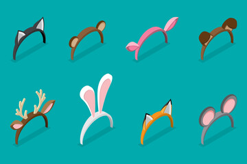 3D Isometric Flat Vector Set of Animals Ears Costumes, Carnival Headbands
