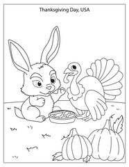 Thanksgiving holiday Celebration with cute rabbit and turkey coloring page for kids
