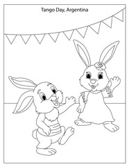 Tango Day Holiday in Argentina Celebration with cute rabbits coloring page for kids