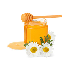 Honey in glass jar, dipper and chamomile flowers isolated on white