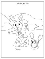 Tsechus, Bhutan celebration coloring page, Holiday Celebration with cute rabbits coloring page for kids