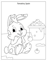 Tomatina Spanish holiday celebration with cute rabbit coloring page for kids