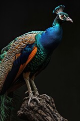 Obraz premium Peacock standing on small root isolated on black AI Generative